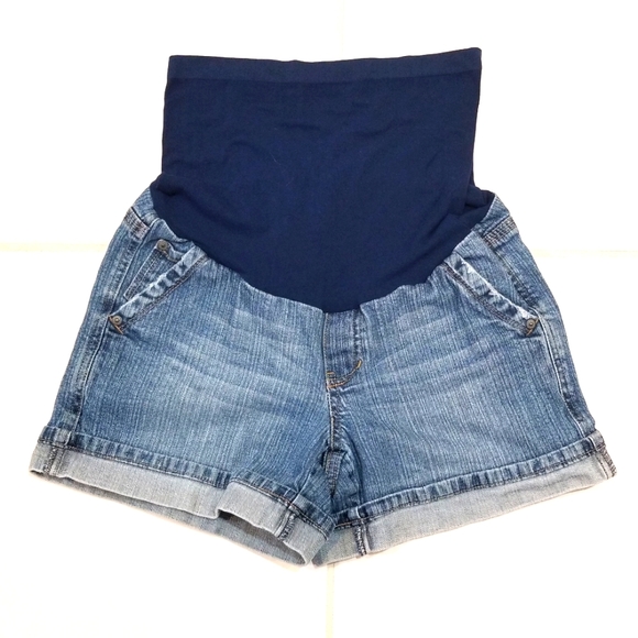 Motherhood Maternity Full Panel Medium Wash Cuffed Denim Shorts Sz Small - Picture 1 of 6